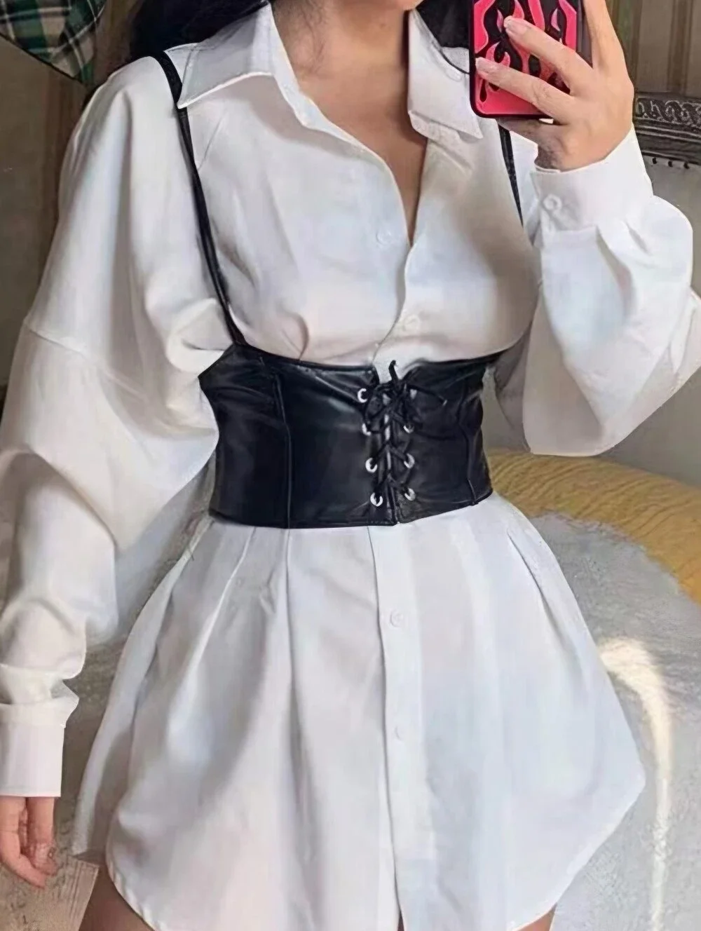 Black Lace Up Corset Style Faux Leather Belt Waist Cincher One Size